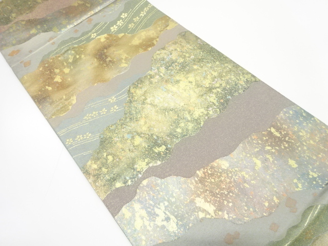 引箔　霞に糊散らし・花模様織り出し　袋帯